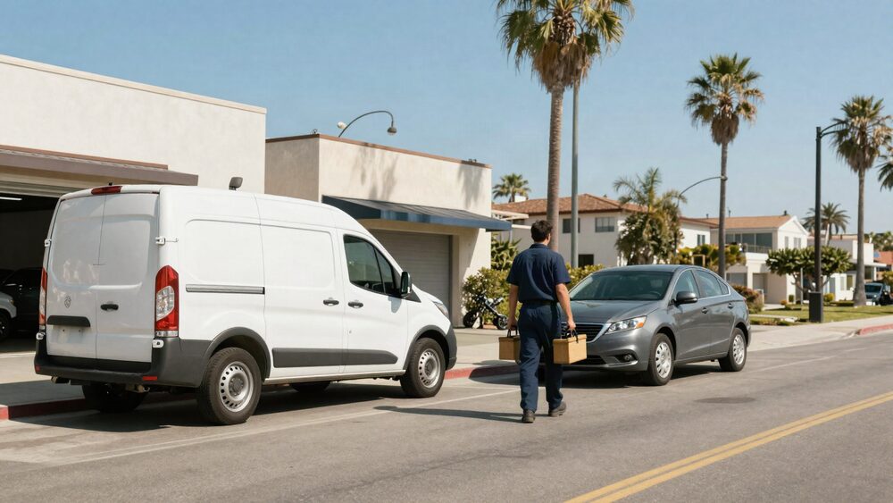 A mobile technician arriving at a Los Angeles curbside