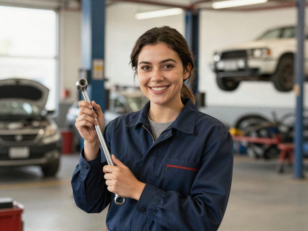 A FixMyCar technician holding a torque wrench in the workshop